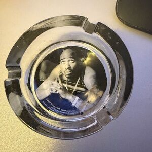 Vintage Clear Glass Ashtray with Black and White Portrait of Tupac Shakur